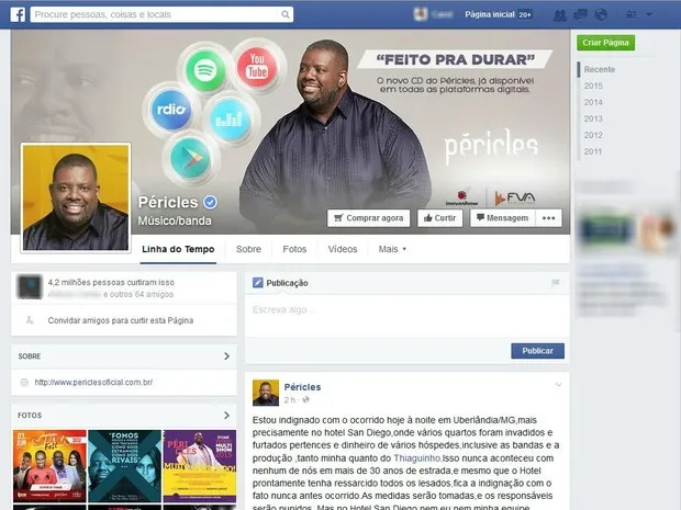 Cantor e compositor Péricles desabafa no Facebook sobre furto em hotel de Uberlândia (Foto: Reprodução/Facebook)