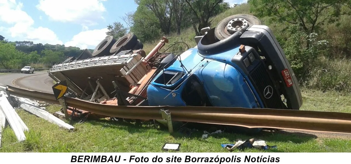 Caminhão carregado com postes tombou nesta quinta-feira (1º) na PR-170 - Foto: Site Borrazópolis Notícias