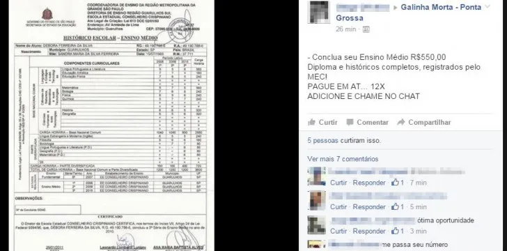 Reprodução de histórico escolar e de oferta de de diploma falso em rede social: fraude é apurada - Imagem: Jornal da Manhã