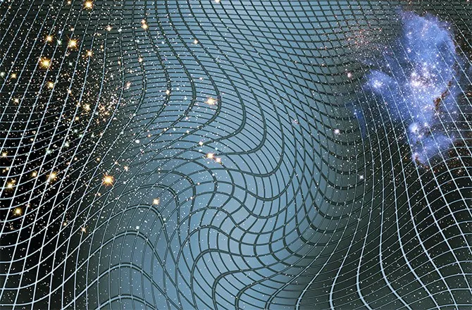 Ilustração artística do espaço-tempo sendo distorcido pela massa de uma galáxia. A teoria de Einstein previu tal distorção, bem como ondas gravitacionais que se propagariam pelo espaço. Fonte: news.discovery.com