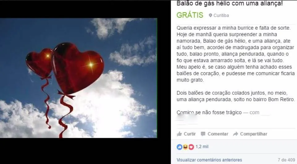 Postagem em rede social sobre balões com aliança pendurados em "balões do amor", que foram levados pelo vento - Imagem: Reprodução/Facebook