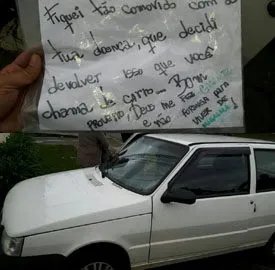 Bilhete deixado por ladrão dentro de carro furtado que foi devolvido à vítima em São José dos Pinhais - Foto: Giro 190