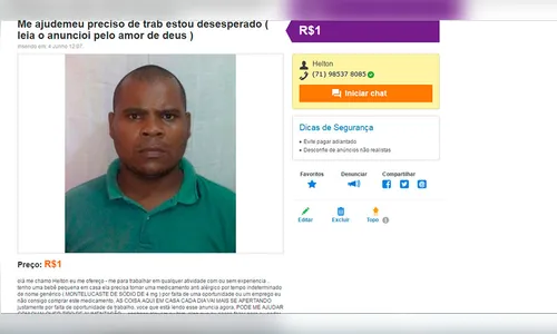 Procurando por emprego, homem fez apelo em site de anúncios