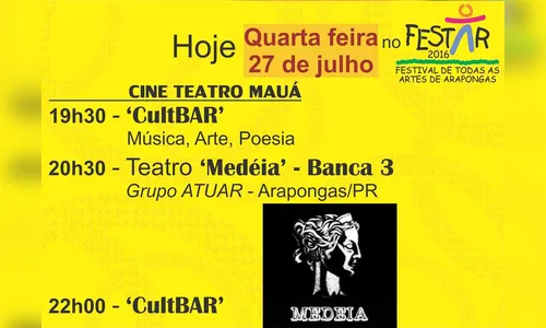 Hoje tem apresentação teatral na programação do Festar, em Arapongas