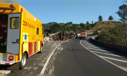 Caminhão carregado de MDF tomba na Serra do Cadeado, nesta manhã