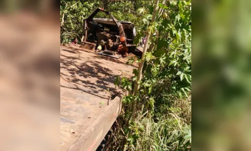 
							Caminhão que transportava rolo compactador tomba na PR-170
						
						