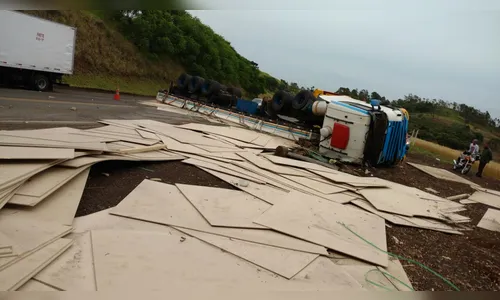 Caminhão carregado com chapa de MDF tomba na BR-376