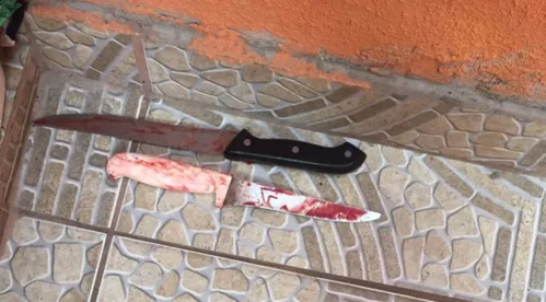 Facas usadas no crime foram encontradas sobre  o corpo da vítima e do rapaz. (Foto - Reprodução/Rede Massa)