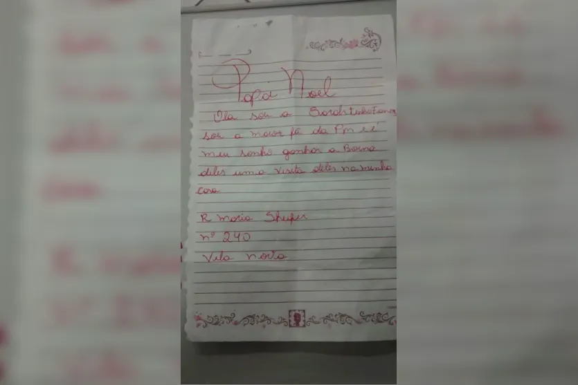  Sarah escreveu uma cartinha dizendo que é fã da Polícia Militar e pedindo ao Papai Noel uma boina e a visita dos policiais em sua casa - Foto: Divulgação/PM 