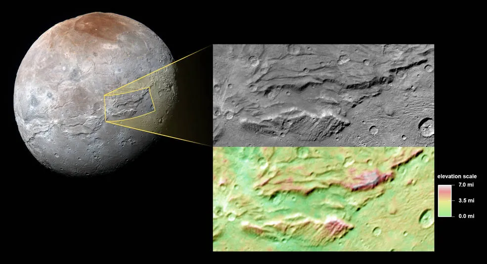 Várias imagens feitas pela sonda New Horizons ao passar por satélite de Plutão possibilitaram avaliações da topografia - Foto: NASA/JHUAPL/SwRI
