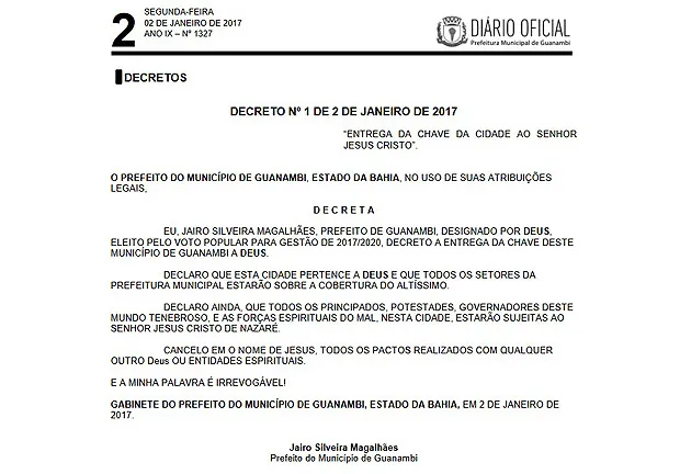 Prefeito Jairo Magalhães (PSB) determinou em decreto a entrega da chave da cidade a Deus. Foto: Reprodução