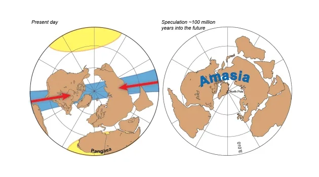 Os continentes atuais (à esquerda) vão se fundir no supercontinente Amasia (direita), centrada sobre o Ártico - Ilustração: Mitchell et al., Nature