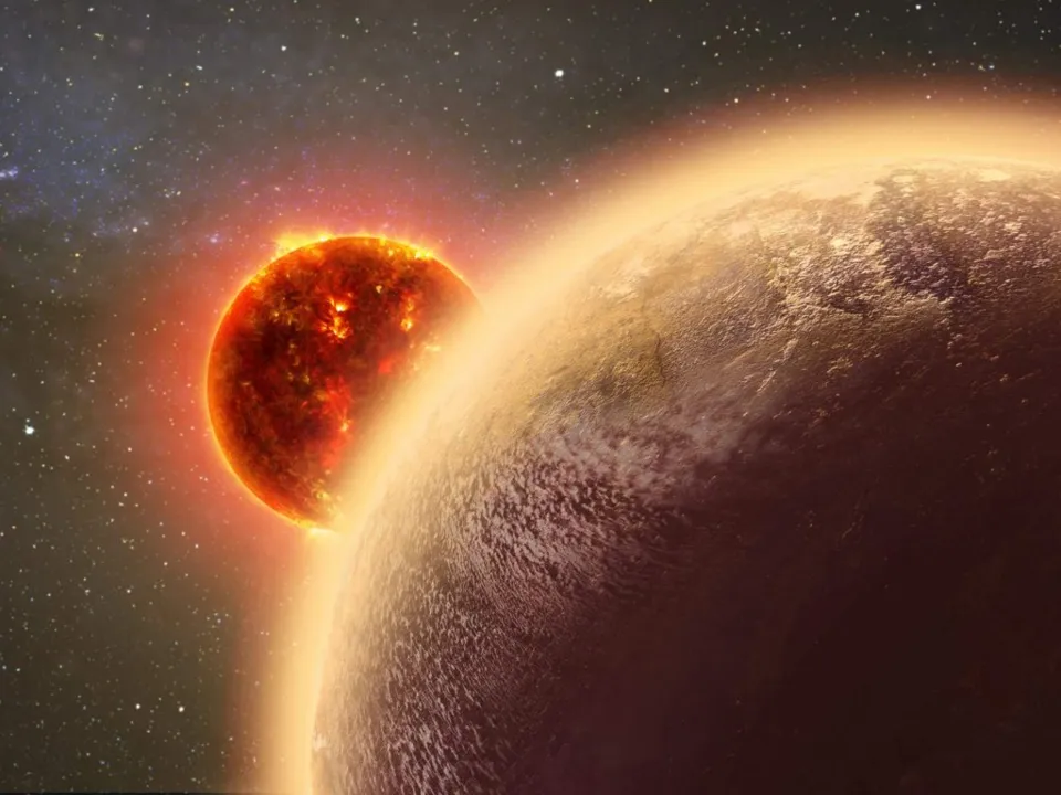 Ilustração artística do GJ 1132b, um exoplaneta rochoso com tamanho e massa similareas à Terra, que orbita uma anã vermelha Crédito: Dana Berry