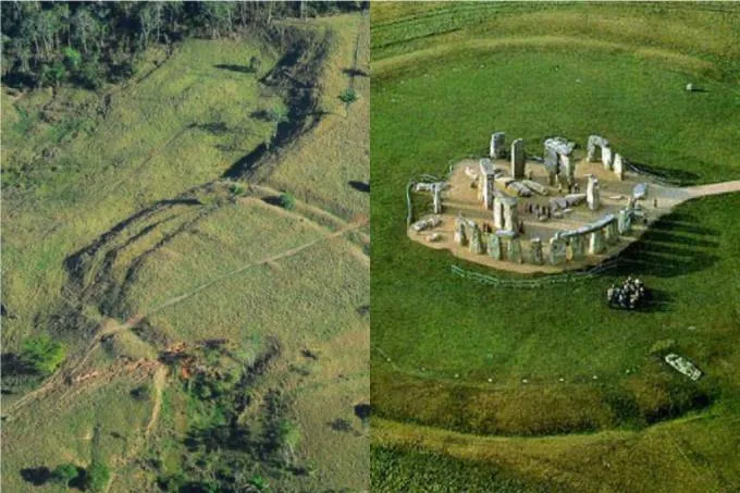 Os monumentos no Brasil (à esquerda) parecem fases iniciais em Stonehenge, em Wiltshire (à direita), afirmam especialistas Crédito: Salman Kahn e José Iriarte - Fotos: SALMAN KAHN AND JOSÉ IRIARTE / EXETER UNIVERSITY