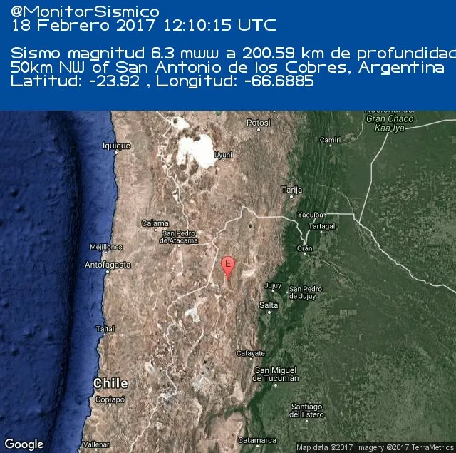 Foco do sismo foi registrado a cerca de 200 quilômetros de profundidade e a 144 quilômetros ao nordeste da cidade de San Salvador - Imagem: Reprodução/Twitter