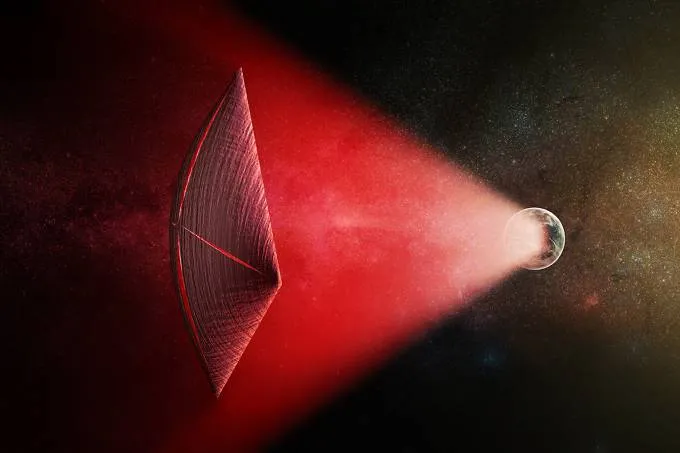 Ilustração mostra vela solar abastecida por feixe de rádio (vermelho) gerado na superfície de um planeta Imagem: M. Weiss / CfA/Reprodução
