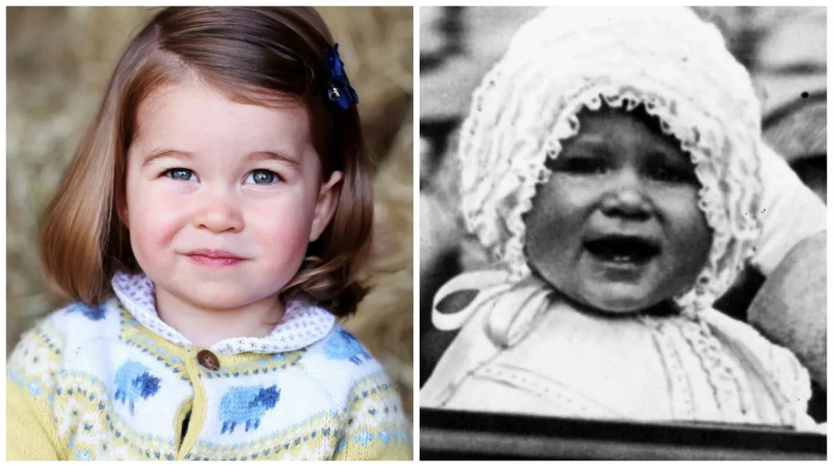 Princesa Charlotte com dois anos de idade e sua bisavó, a Rainha Elizabeth com pouco mais de um ano de idade. (Foto: SN / AFP)