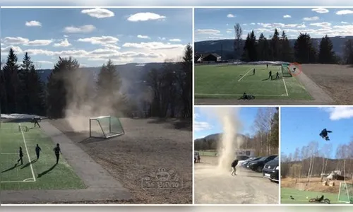 Vídeo mostra mini tornado em parque esportivo de escola na Noruega