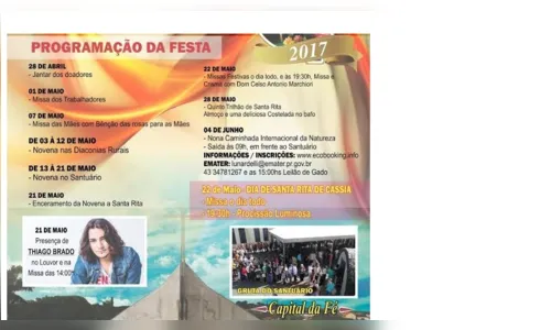 
							Festa de Santa Rita deve atrair 70 mil visitantes a Lunardelli
						
						