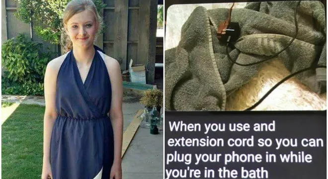 Menina de 14 anos mandou imagem da extensão que usaria para carregar o celular: morte na banheira - Foto: The Independent/Reprodução