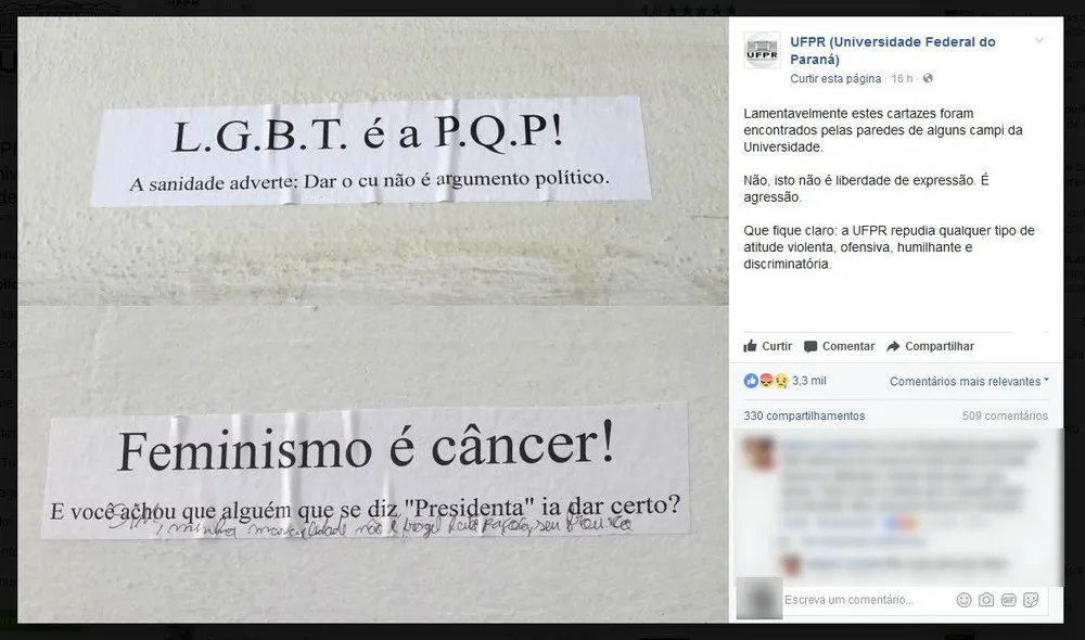 UFPR se manifesta sobre cartazes homofóbios e antifeministas