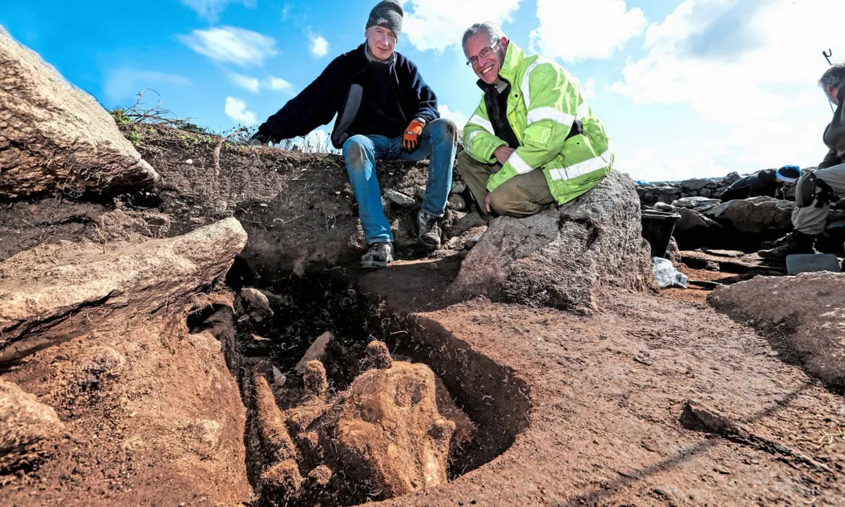 O arqueólogo Phil De Jersey, à direita, e Mike Deane ao lado do esqueleto de uma toninha - Fotografia: Guernsey Press / SWNS.com